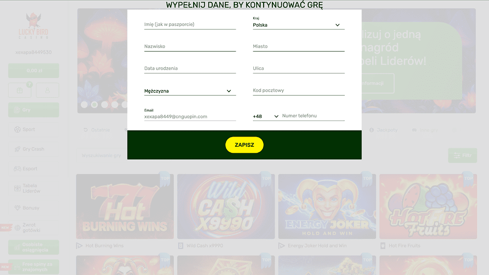 lucky bird casino wypelnienie danych osobowych
