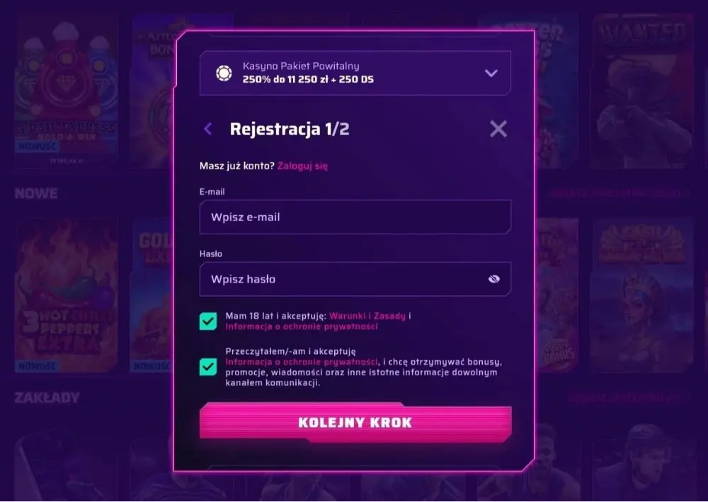 roby casino rejestracja krok 1