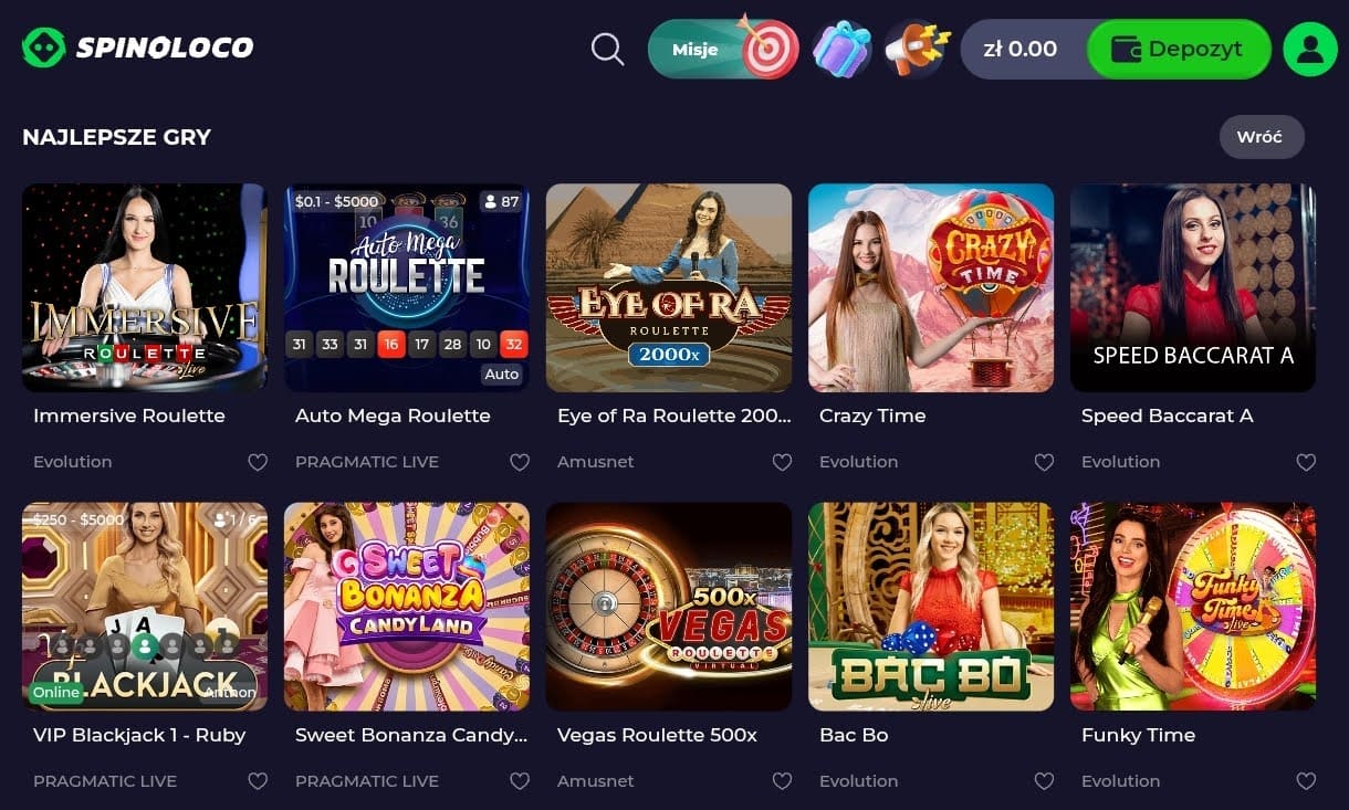 sekcja live casino spinoloco