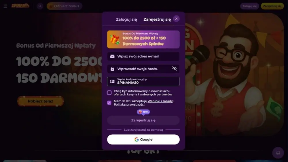 spinania kod promocyjny bez depozytu