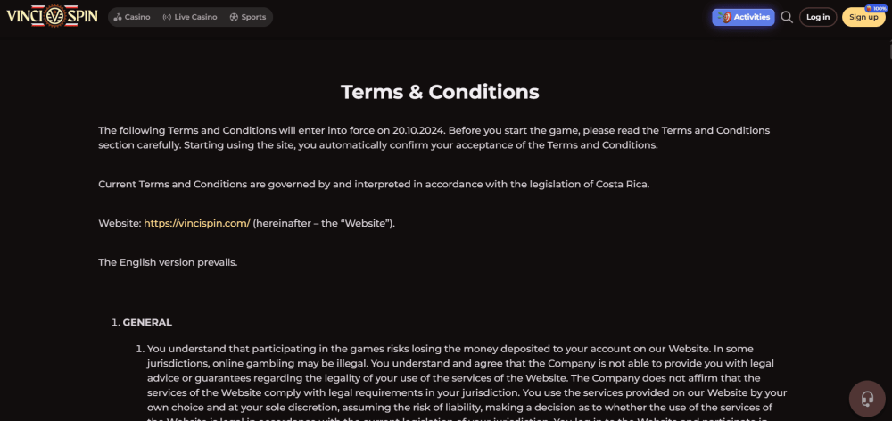 vincispin terms conditions